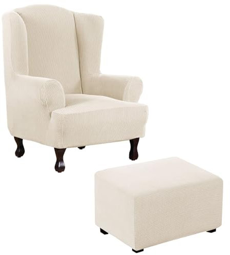 Thdsubb Ohrensessel Überzug Sesselbezug Sessel Sessel-Überwürfe Tiger Stuhlbezug Ottomane Schonbezug Hockerüberzug Husse Für Fußhocker (Beige,Ohrensessel+Rechteck L)