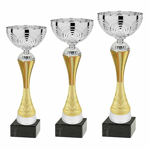 Generico Tris di Coppe Trofei tornei Sportivi, Campionati amatoriali, premi scolastici, Feste aziendali, Fantacalcio – 3 Premi con Base Marmo, Targa in Alluminio Personalizzabile