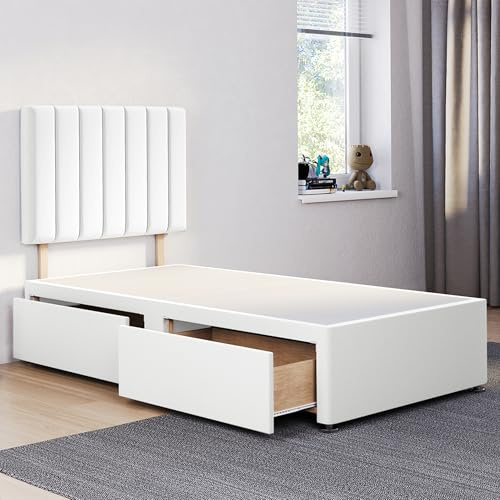 ComfoRest Stripe 3FT Divan Single Bed with Storage Drawers - White | Made in Britain, 91.5 x 190.5cm, Stripe headboard. Sturdy frame. Compatible 3FT UK-sized mattresses. White Plush