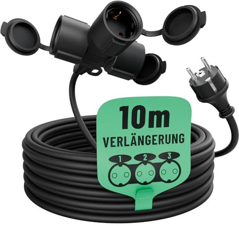 greate 3fach Verlängerungskabel 10 Meter aussen - Verlängerungskabel außen wasserdicht IP44-3 Fach Mehrfachsteckdose Verlängerung für Aussenbereich 10m 3500 W, Outdoor Extension Cord Waterproof