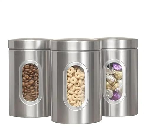HOMION 3 PC Kitchen Canister Set - Stainless Steel With Secure Lids & Viewing Window Blank Labels to Customise your Storage Suitable for Sugar, Tea, Coffee, etc Multi Food Storage Jars (Silver)
