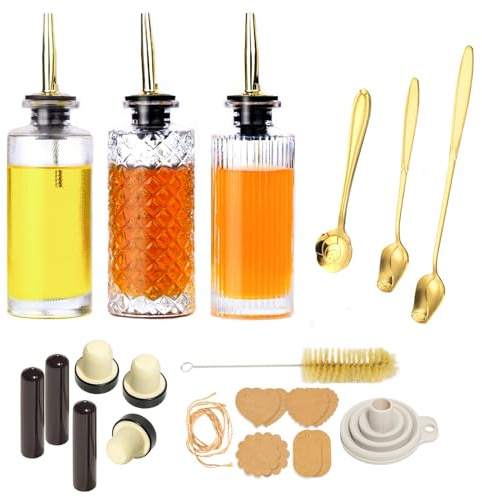 Oudizz Essig und ölflaschen Set mit Ausgießer 3 Stück - 200ml Kaffee Sirup Spender mit Metall Gießen für Kaffeebar - Kaffee Sirup Spenderflasche mit Ölgießdüse, Trichter, Karte, Stopfen
