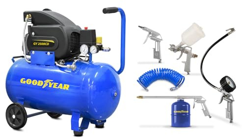 Goodyear - Compresor de Aire 50L 2HP, Kit de Herramientas 5 en 1, Aspiracion 210l/min