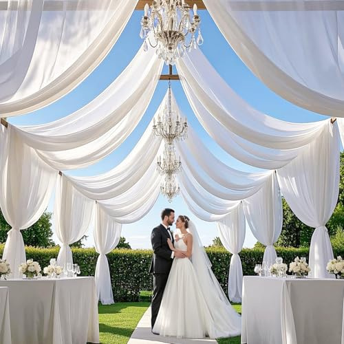 MODFUNS White Wedding Arch Drapes 5x30ft 4 Panels Sheer Curtains Chiffon Ceiling Draping Fabric Tulle Drapery Rustic Swag Curtain Birthday Party Banquet Decor