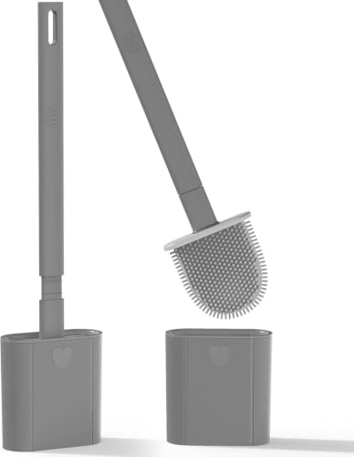 Canvint Klobürste Silikon – Flexible WC Bürste mit Flachem und Gebogenem Bürstenkopf für Wandmontage oder Stehend, für Bad und WC, Belüftet für Schnelles Trocknen – 2-Teiliges Set Grau