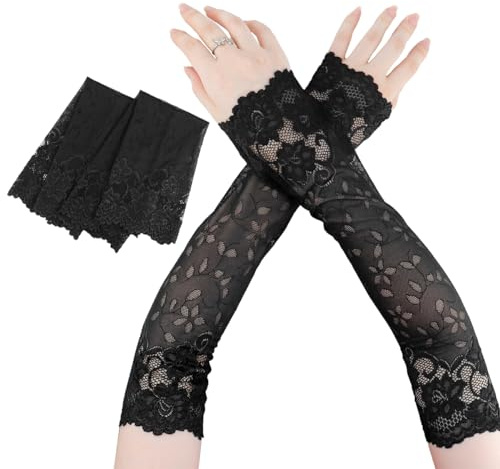 LNQ LUNIQI Spitze Armstulpen Sonnenschutz Ärmel, Schwarz UV Kühlung, Spitzenhandschuhe Lang Fingerlos, Frauen Lange Handschuhe für Draussen Reiten (1 Paar)