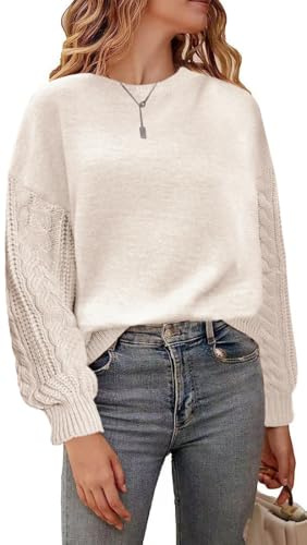JFAN Jersey Mujer Invierno Elegante Abullonada Jerséis Punto Cuello Redondo de Manga Larga Casual CáLido Punto Sweater Beige M