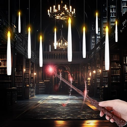 Schwebende Kerzen mit Zauberstab - 10 Stück 15cm Fliegende Kerzen mit Zauberstab und 6H Timerfunktion Flammenlose LED Kerzen Batteriebetriebene Floating Candles für Halloween Weihnachten Party Deko