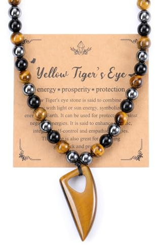 PiercingJak Herren Halskette Tigerauge Wolfszahn Kristall Spitzer Anhänger mit 8mm Obsidian Hämatit Edelsteine Perlen Kette Kristallkette Heilsteine Schmuck Amulett Geschenk für Männer