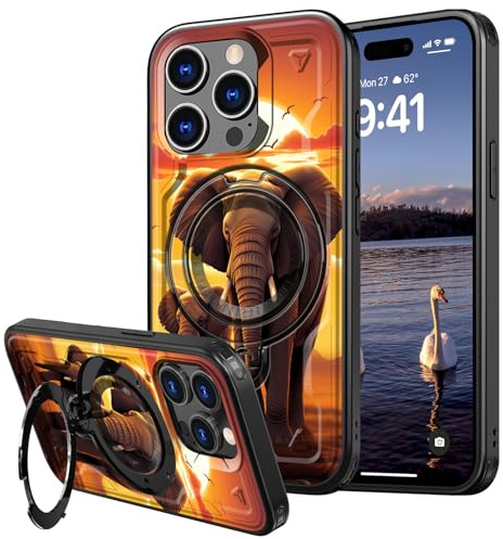 CAPAUNVDA for iPhone 15 Pro 6.1 Case with 360°Magnetic Ring Stand,Enhance Camera Protection Shockproof Case with Ring Holder for iPhone 15 Pro 6.1,Sunset Elephant