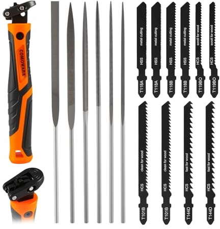 COMOWARE 17Pcs Handsaw & File Set with Blade Quick Change Mechanism, 10 Saw Blades & 6 Precision Files for Woodworking, DIY, Model Crafting, PVC/Metal Cutting Tools
