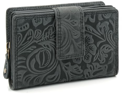 ekavale Damen Geldbörse aus Leder mit RFID-Schutz, Geldbeutel für Moderne Frauen Blüten Muster (Schwarz)