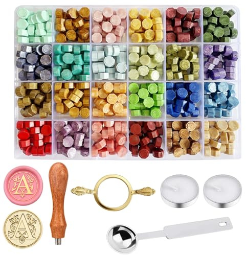 KKJCXY Wax Seal Stamp Kit - Sealing Wax Beads in 24 Colors with Personalized Letter Stamp,Steel Melting Spoon,Tea Candles and Round Molds – Perfect for Wedding Invitations,Envelopes(A)