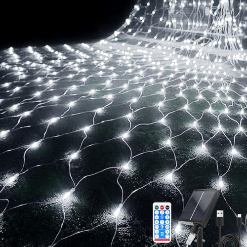 Hulaiyaa Wasserdichte Lichter Kette Netz Solar 96 LEDs, 1.5 * 1.5M Fernbedienung Net Lichterketten mit Timer, 8 Modi Lichternetz Außen fur Weihnachts Büsche Garten, Lichterkette Außen Netz Baum