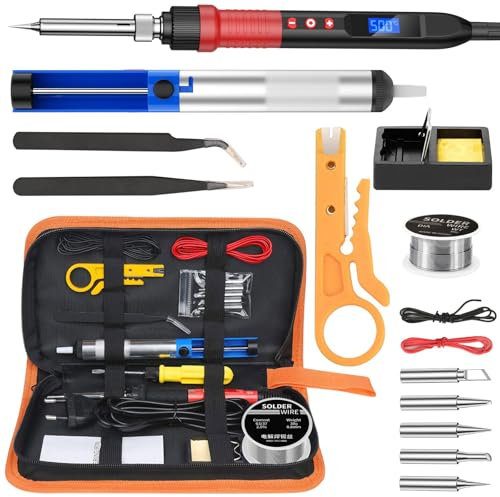 Soldering Iron Kit, 80W Soldering Kit with LCD Digital Multimeter Adjustable Temperature 200-450°C, Include Solder Wire, 5 Soldering Tips, Desoldering Pump, Wire Stripper Cutter, Stand, Tweezer