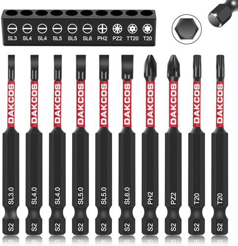 DAKCOS 10 punte per cacciavite a taglio lunghe da 75 mm, 1/4 di pollice, punte per trapano a testa piatta per utensili elettrici a percussione PH2/PZ2/SL3/SL4/SL5/SL6/TT20/T20, acciaio S2