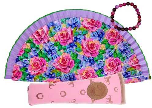 Abanico de Madera con Precioso Estampado Geométrico. Incluye una Funda para Proteger el Abanico. Pulsera de Regalo con Diseño Original. (Flora)