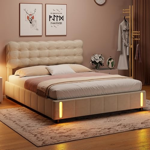 Polsterbett 160x200 mit Stauraum, Doppelbett mit Induktive LED-Leuchte, Hydraulisch Stauraumbett, Jugendbett mit kopfteil und Lattenrost, Bettrahmen für Erwachsene, Samt (Beige, 160 x 200 cm)