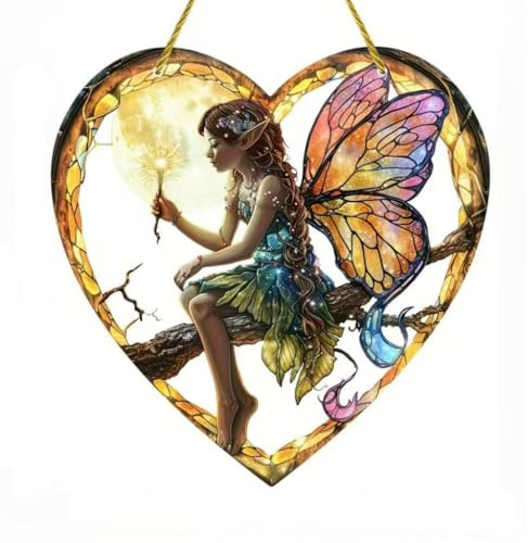 Stained Glass Effect Fairy on Moon Branch Suncatcher - Hanging Decor Gift for Home Window, Garden & Wall