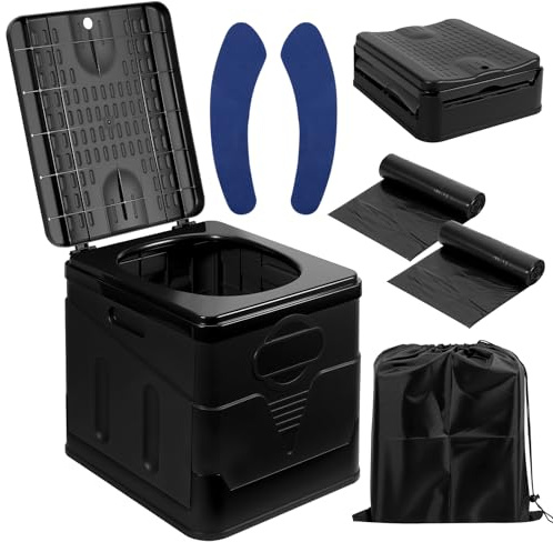 Zorplex Inodoro Portátil Plegable para Camping, WC Compacto de 25L con Gran Capacidad y Resistencia, Incluye 24 Bolsas Desechables, Cojín y Bolsa de Transporte para Viajes, Autocaravana (Negro)