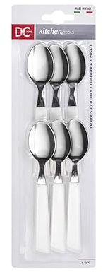 DC CASA Set Cucchiaino Acciaio 13.8x3 cm 6 Pezzi – Manico Colorato in Polipropilene – Posate da Caffè o Dessert – Made in Italy (Bianco)