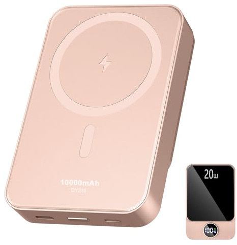 Magnetic Power Bank 10000mAh，20W Fast Charging Portable Charger, Wireless Power Bank with LED Display, Small USB-C Battery Pack with Mag-safe for iPhone 17/16 Plus/Pro/Pro Max,15/14/13 Series Pink