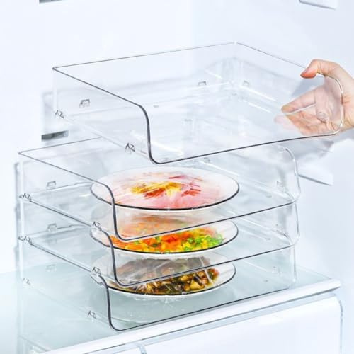 FUBESK Organizer per frigorifero, impilabile, contenitore per alimenti per frigorifero, ripiano in plastica trasparente con design trasparente e scomparti personalizzabili, 33,5 x 26,5 x 7,5 cm