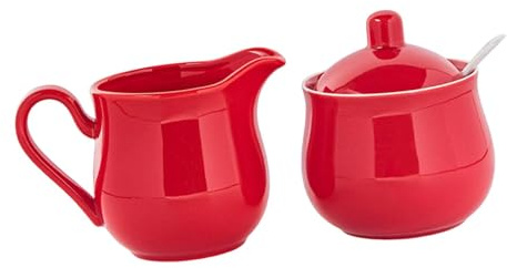 Ioensy Sucrier En Céramique Pichet à Crème Ensemble Sucre et Crème Accessoire Décoratif Récipient à Sucre avec Couvercle et Cuillère Pratique pour Service Ca, Rouge