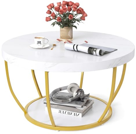 GOPLUS Mesa de Centro Redonda de 2 Niveles, Mesa de Café con Marco Metálico y Estante de Madera, Estilo Rústico con Pies Ajustables, para Salón, Dormitorio y Oficina, Carga 90KG, D.80x45CM (Blanco)