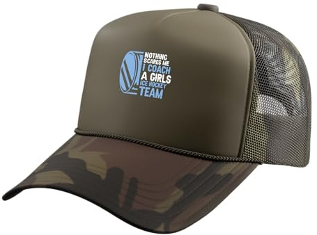 Nothing Scares Me I Coach A Girls Ice Hockey Team Ice Hockey Trucker Hat with Adjustable Mesh Back, Camo Green