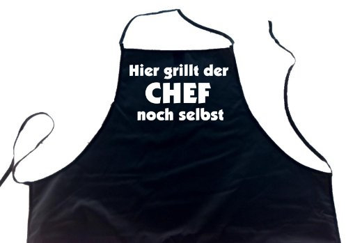 ShirtShop-Saar GRILLSCHÜRZE : Hier grillt der Chef noch selbst (Latzschürze - Grillen, Kochen, Berufsbekleidung, Saarland), schwarz, GÜNSTIGE SCHÜRZE