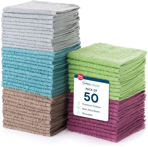 Simpli-Magic Cotton Wash Cloths 12x12 (50 Pack) – Highly Absorbent Soft Towels for Bathroom – Commercial Terry Washcloth for Face, Hand, Bath, Kitchen, Gym & Hotel (Multicolor)