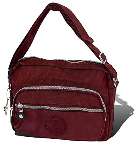 ekavale - Kleine leichte Damen-Handtasche Umhängetasche aus hochwertigem wasserabwesendem Crinkle Nylon inkl. Lederschlüsseltasche (Rot)