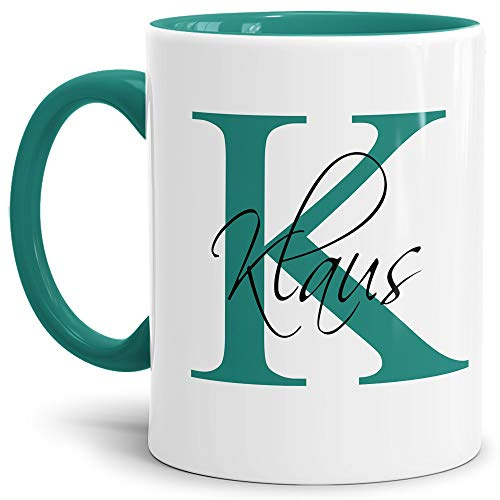 Edle personalisierte Namens-Tassen mit Ihrem Anfangsbuchstaben und Namen - Namenstasse/Geschenk-Idee/Geburtstags-Geschenk/Namenstag- Innen & Henkel Türkis