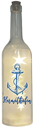 WB wohn trends LED-Flasche Folien-Motiv, Heimathafen mit Anker maritim blau, 29cm, Flaschen-Licht Lampe mit Text Spruch