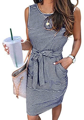 MEROKEETY Womens 2025 Summer Sleeveless Striped T Shirt Dress Casual Crew Neck Tie Waist Mini Dresses Navy