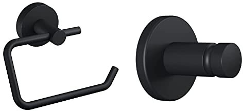 tesa MOON BLACK Toilettenpapierhalter, matt schwarz & MOON BLACK Handtuchhaken, matt schwarz, für Bad & WC - für Bäder im Industrial Style und Moderne Badezimmer - 37 mm x 37 mm x 36 mm