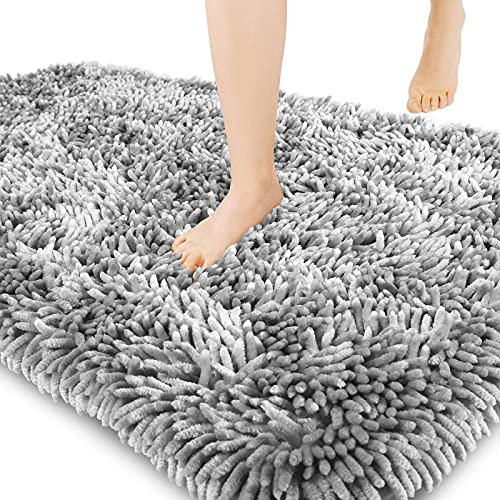 Yimobra Luxury Chenille Bath Mat, Extra Soft and Absorbent Shaggy Bathroom mats Non Slip, Machine Washble Dry, Plush Floor Carpet for Tub, Shower, and Bath Room, 43 x 61 cm, Light Gray