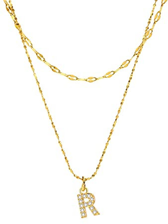 KnSam Frauen Halskette Geschenk Edelstahl, Buchstabe R Anhänger Singapurkette mit Funkelndem Weiß Zirkonia, Gold Schmuck Halskette 50CM