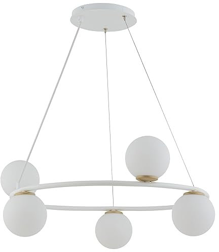 Licht-Erlebnisse Pendelleuchte 5-flammig OKLEDO Metall Glas Weiß Kugeln Ø12cm B:68cm G9 Esstisch Hängelampe Küche