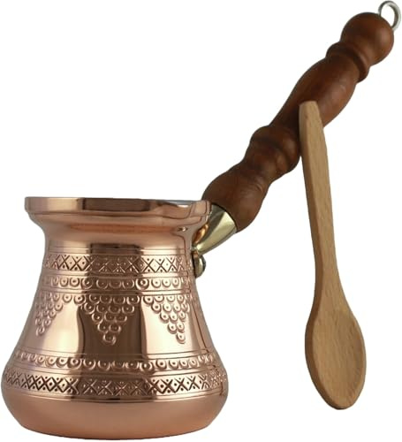 DEDE Copper - PCZ-Serie (mittelgroß) dickste massive Kupfergravur türkisch griechisch arabisch Kaffeekanne mit Holzgriff, Herdplatte Kaffeemaschine Cezve Jezve Jazva Ibrik Briki (Kupfer)