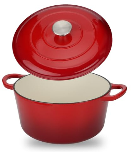 Casseruola da forno olandese in ghisa smaltata con coperchio e doppie maniglie, manopola in acciaio, 5,5 litri, adatta al forno fino a 260 °C, pentole resistenti e versatili per marinare, cucinare,
