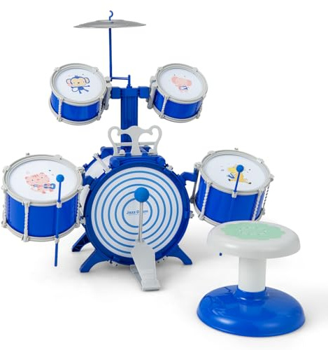 KOMFOTTEU Batería de Jazz para Niños Mayores de 3 Años, Batería Infantil con Taburete, 5 Tambores, 2 Baquetas, Platillo y Pedal, Instrumento Musical de Percusión para Niños, Azul