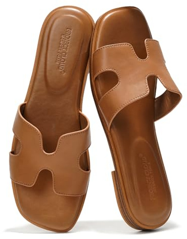 Project Cloud 100% Genuine Leather Sandals for Women 2026 - Fashion Flat Womens Sandals with Memory Foam Insole Slides Sandals Women Footwear - Mules Women's Sandals (Jannel,Cogn, 8)