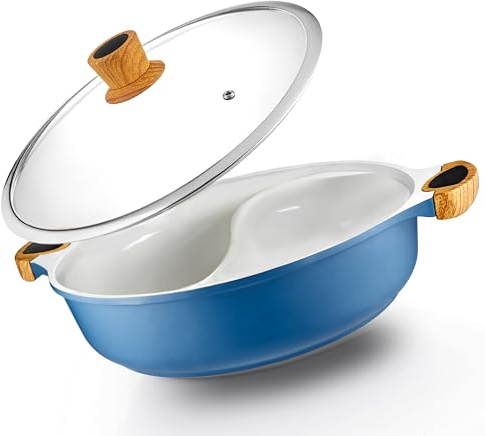 Nonstick Hot Pot with Divider, Blue Shabu Shabu with Silicone Spoons, Divided Cooker for Two Broths, Compatible with Induction, Gas Stove, or Grill