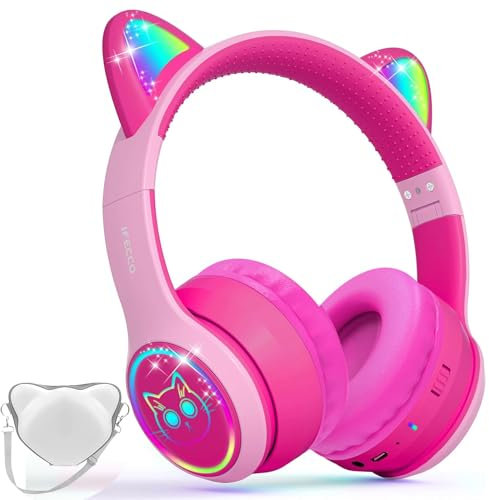 IFECCO Kids Wireless Headphones with Microphone,Children Girls Bluetooth Headphones with Case,LED Lights Cat Ear Headphones for iPad/Children's Tablet/Smartphone/School
