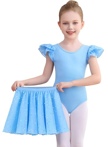 Comfyouth Balettkläder för flickor småbarn glänsande dans trikåer bodysuit volang ärmar baletttrikåer med avtagbar kjol, BLÅ, 7-9 Years