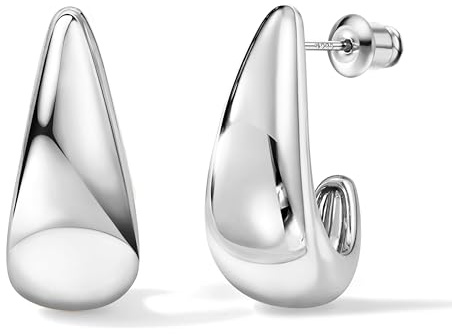 Dochais Boucles d'oreilles créoles épaisses en argent 925 pour femmes | 14 carats plaqué or larme et dôme plaqué or épais, créole hypoallergénique, or/argent/or rose | Bijou de déclaration cadeau et
