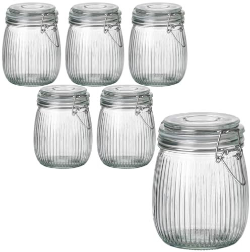 gouveo Lot de 6 bocaux de conservation de 750 ml, striés, avec bouchon à étrier, en verre, avec bouchon à étrier, pour la cuisine et la maison (BG750R)