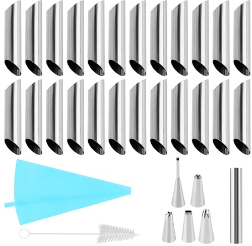 CHUENKUK Set 25 Stampi per Cannoli in Acciaio Inox 430, 18 Tubi 12 x 2 cm, 5 Beccucci, Tasca da Pasticciere e Spazzola per Pulizia